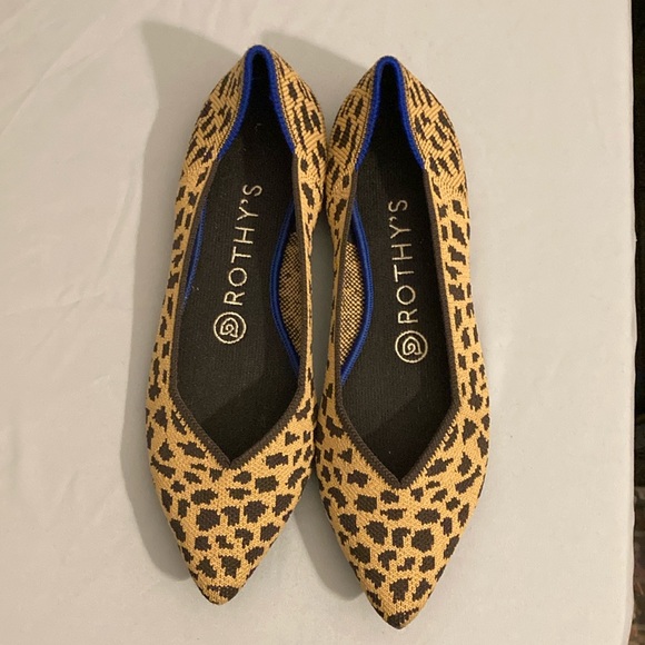 Rothy's Shoes - Rothy's Leopard Print Pointed Toe Flats in Tan and Black with Blue Trim